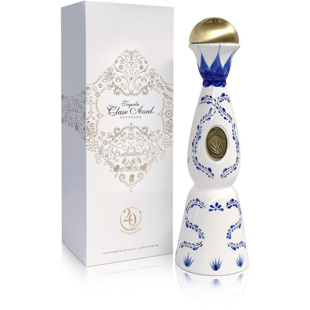 Clase Azul Reposado 20e anniversaire, carafe peinte à la main rehaussée d’or et médaillon 1997-2017 – bouteille Clase Azul
