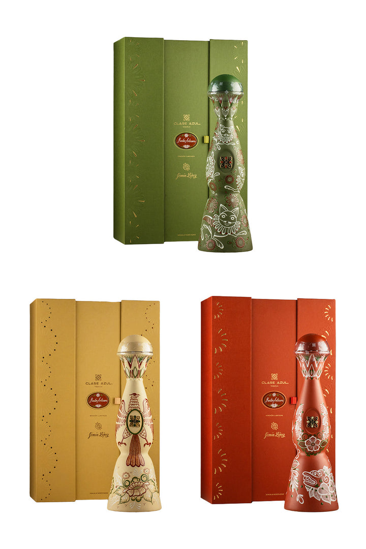 Clase Azul Master Artisans × Fernando Jimón et María Elena López, trio de carafes en barro bandera vert, blanc et rouge – bouteille Clase Azul