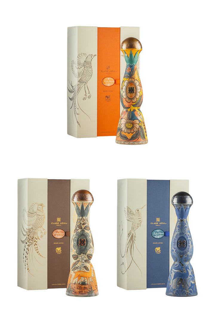 Clase Azul Master Artisans × Ángel Ortiz, coffret de trois carafes en barro bruñido – bouteille Clase Azul