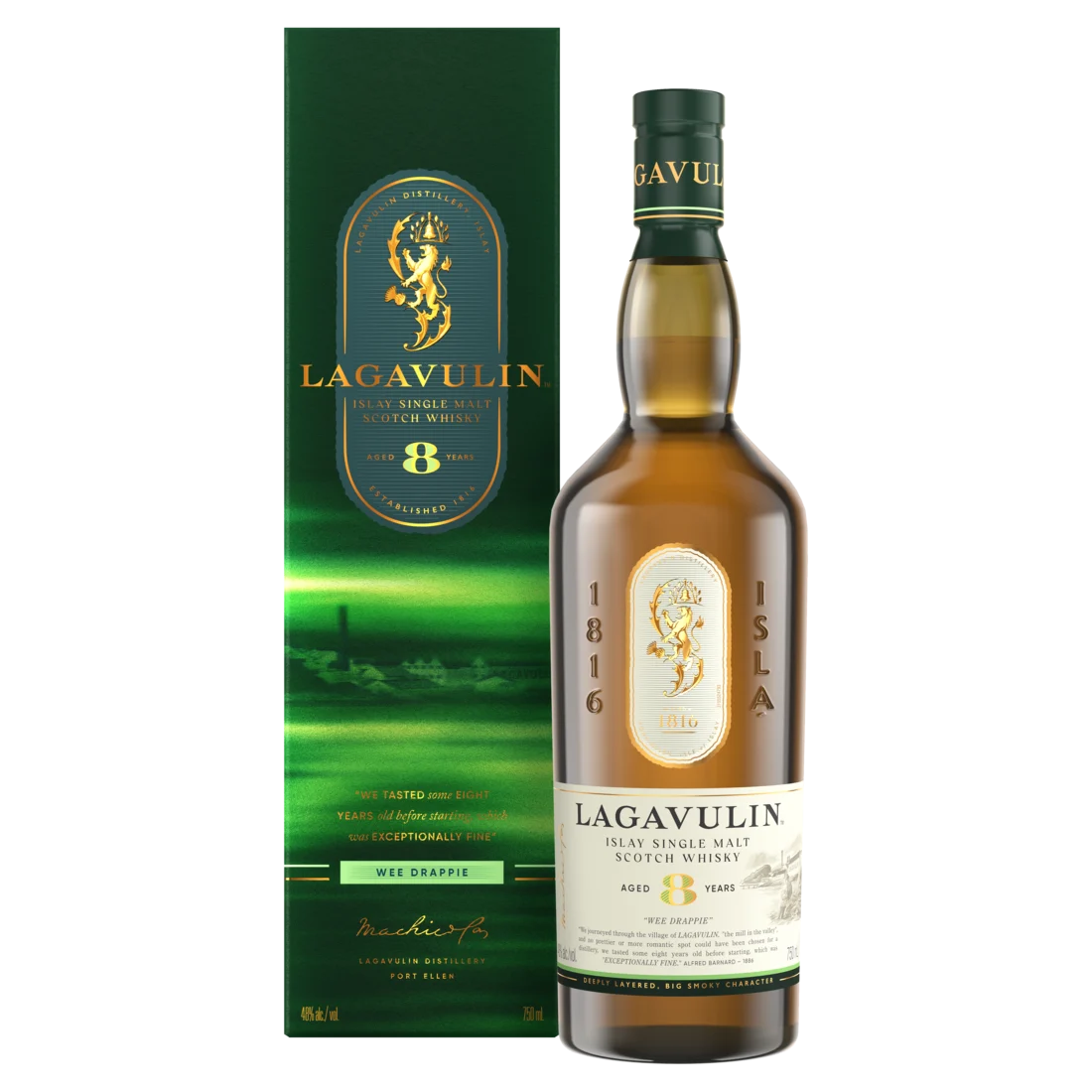Lagavulin 8 ans, single malt d'Islay, bouteille et son étui – bouteille Lagavulin