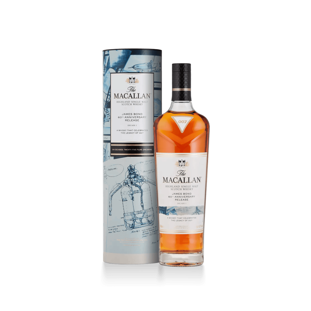 The Macallan James Bond 60e anniversaire Décennie I, bouteille et étui tube – bouteille The Macallan