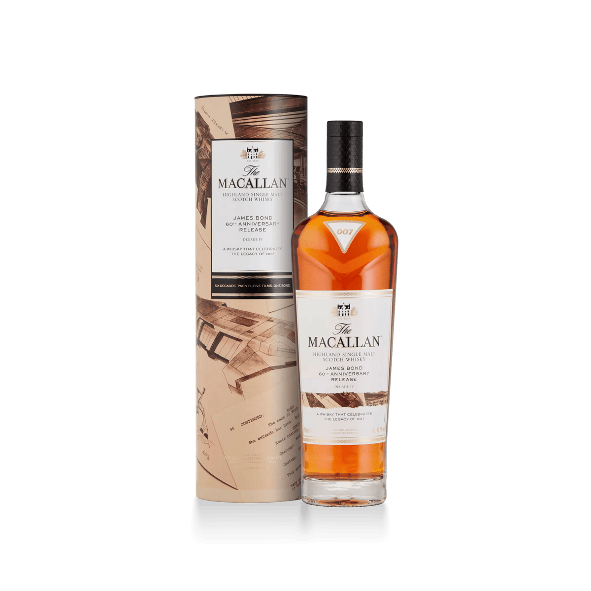 The Macallan James Bond 60e anniversaire Décennie IV, bouteille et étui tube – bouteille The Macallan