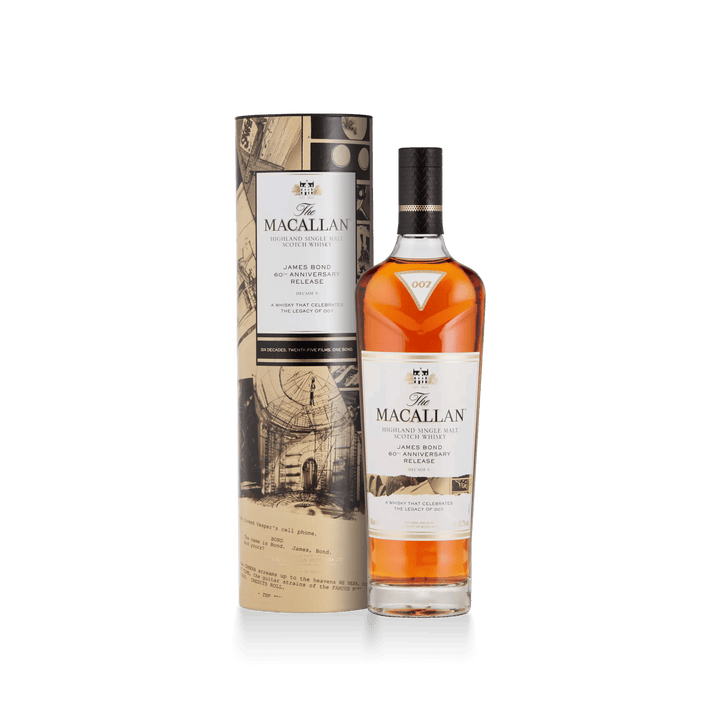 The Macallan James Bond 60e anniversaire Décennie V, bouteille et étui tube – bouteille The Macallan