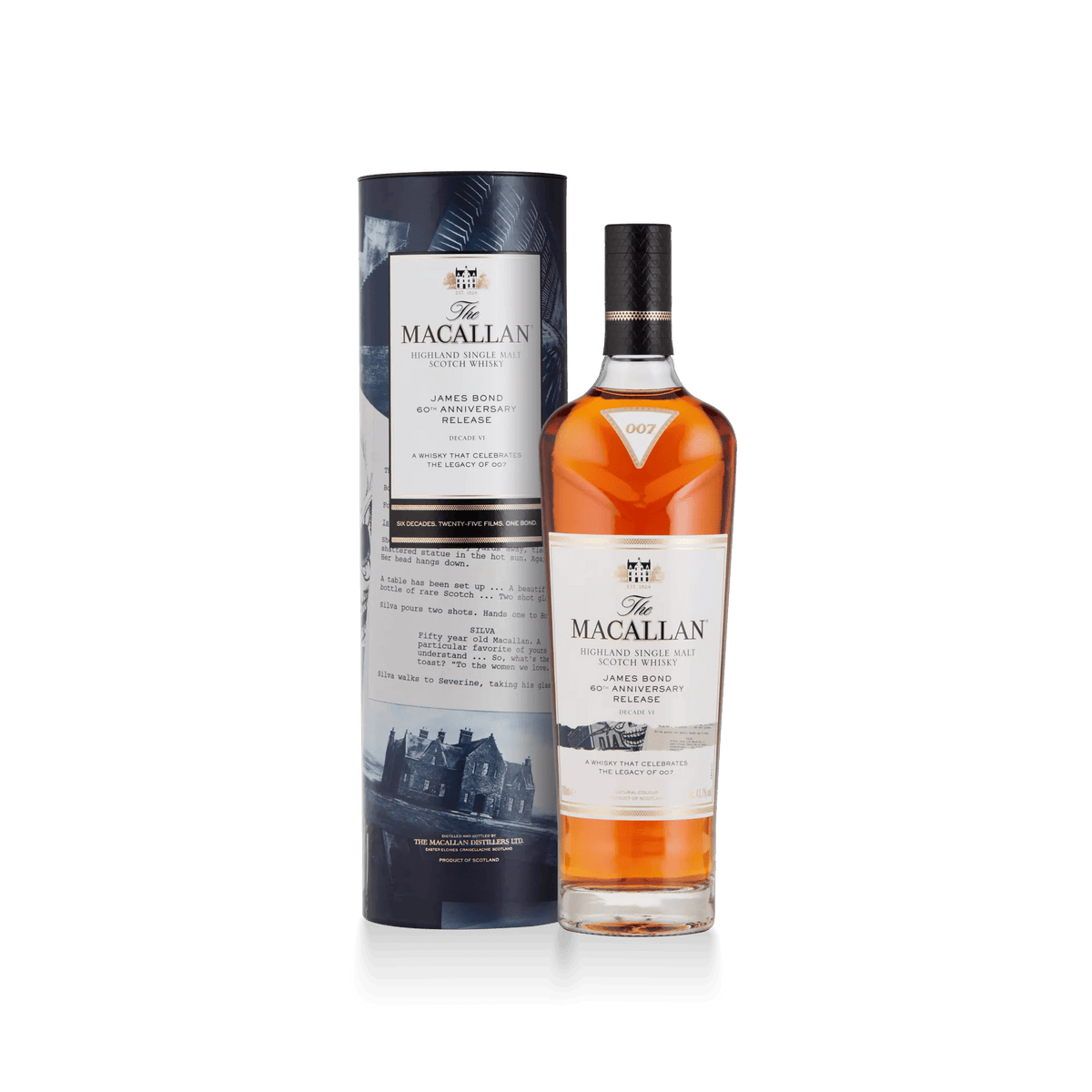 The Macallan James Bond 60e anniversaire Décennie VI, bouteille et étui tube – bouteille The Macallan
