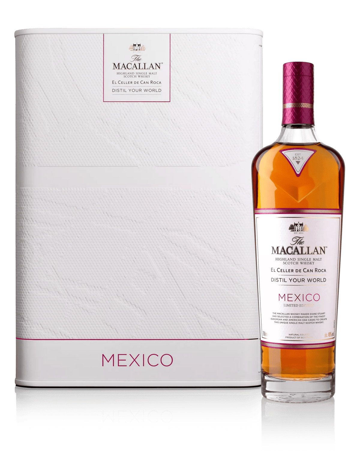 The Macallan Distil Your World Mexico Edition, bouteille et coffret rose illustré – bouteille The Macallan