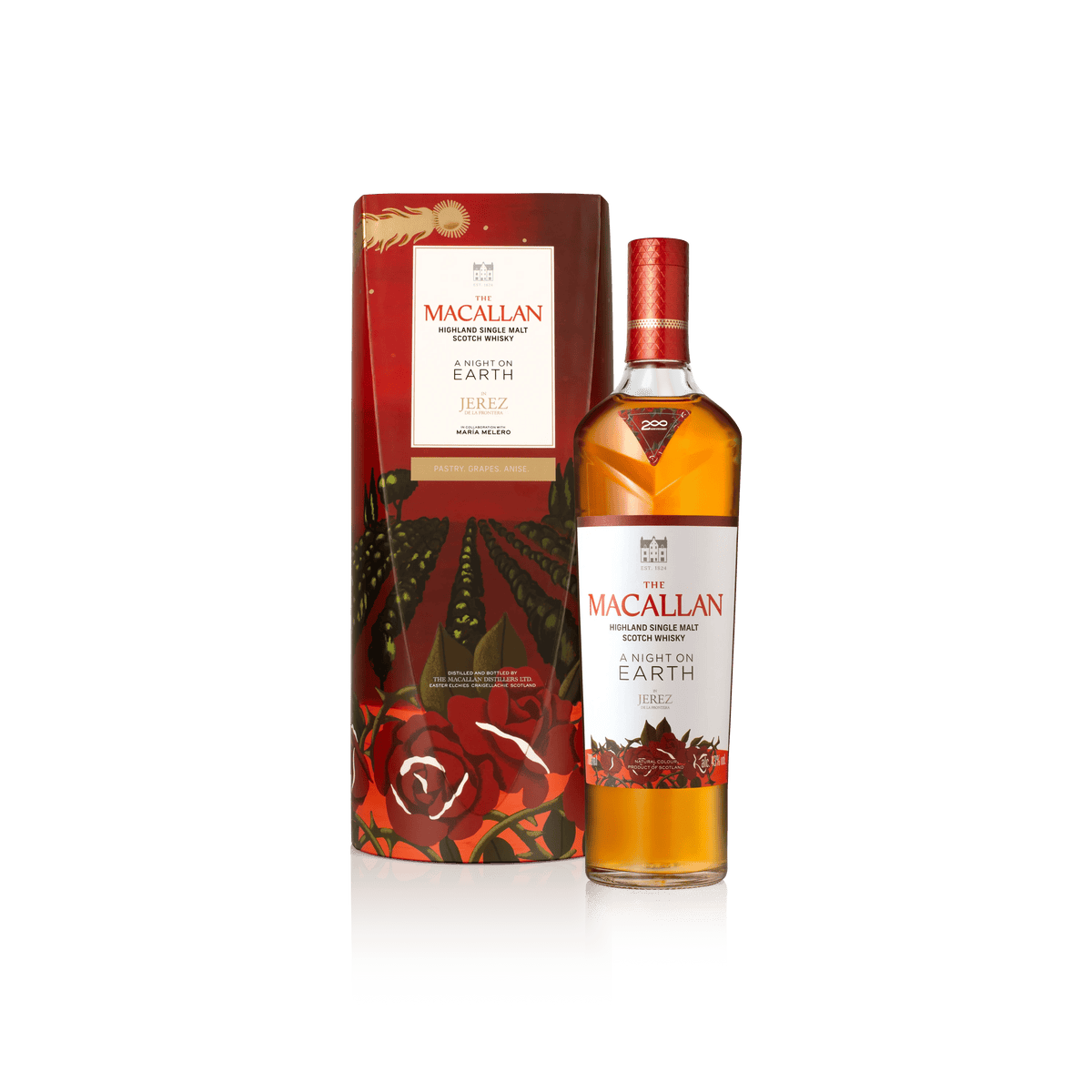 The Macallan A Night on Earth in Jerez, bouteille et coffret illustré par Maria Melero – bouteille The Macallan